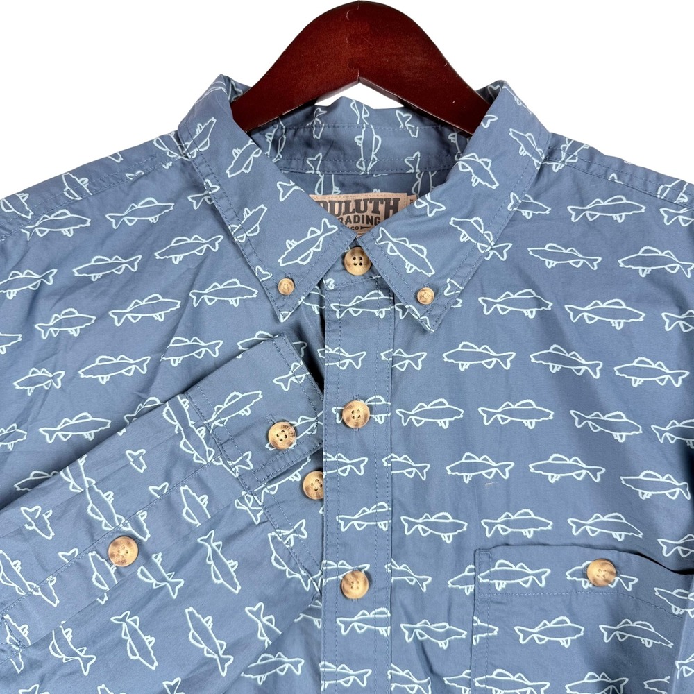 Duluth Trading Co Mens 2XL Blue Fish Print Button Down Shirt Relaxed Fit 3237-30